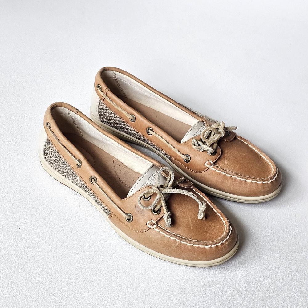 Sperry Top-Sider Women’s Boat Shoes 9M Tan Leather Fabric Lace Up Nautical
